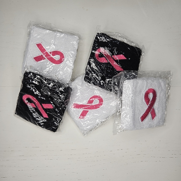 Sport Pink Ribbon Sweat Wristband. Black & White. Lot of 5, New Bands. Cancer - Picture 3 of 4